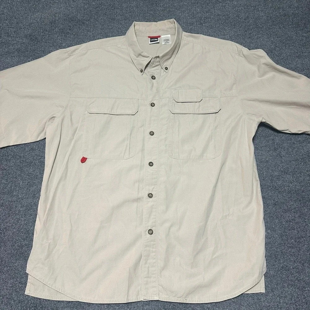 The North Face Mens Large Short Sleeve Button Down Fishing Shirt Tan Cotton L/G